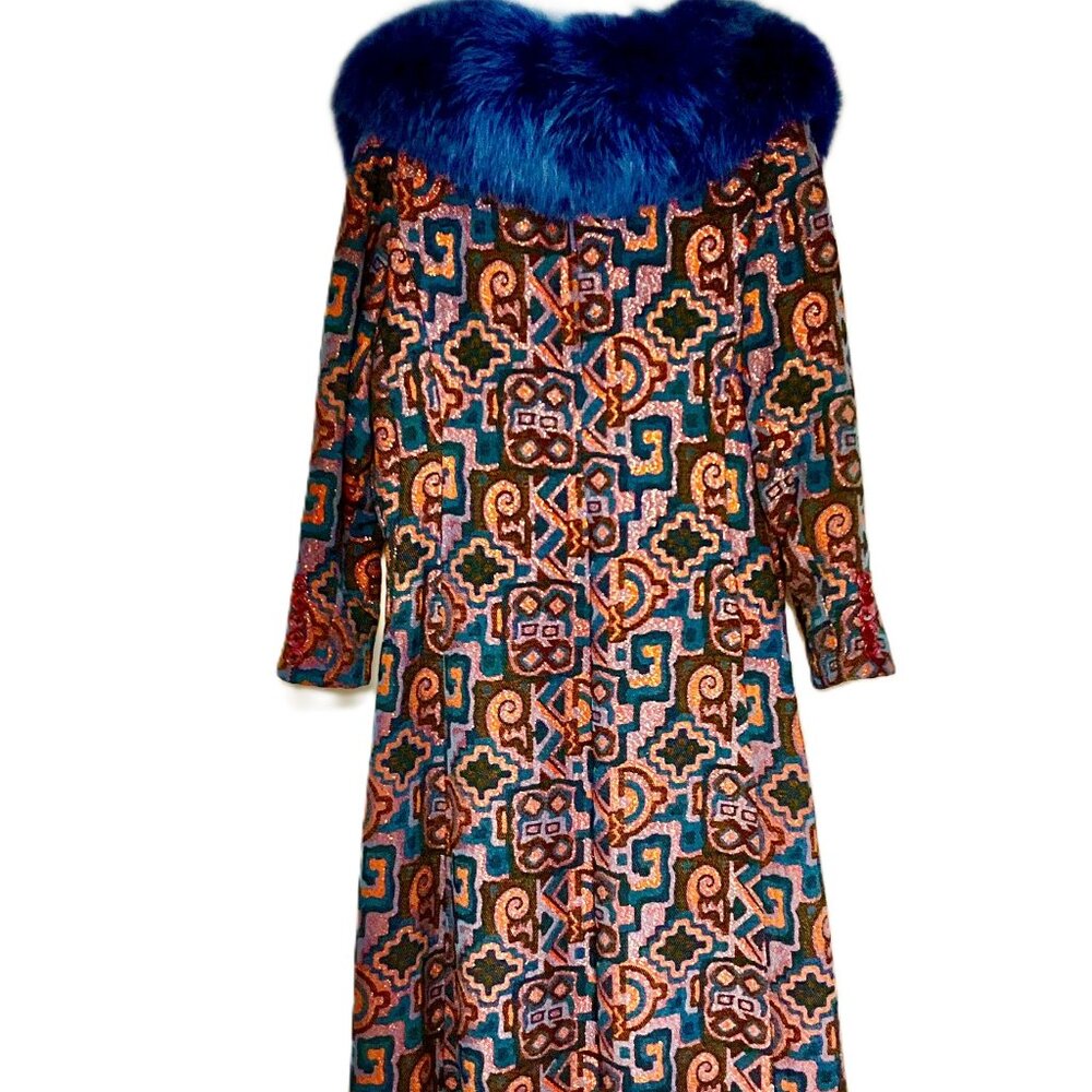 Custom Tailored in Italy Brocade Coat with Genuine Blue Fox Collar Size L - Picture 2 of 9